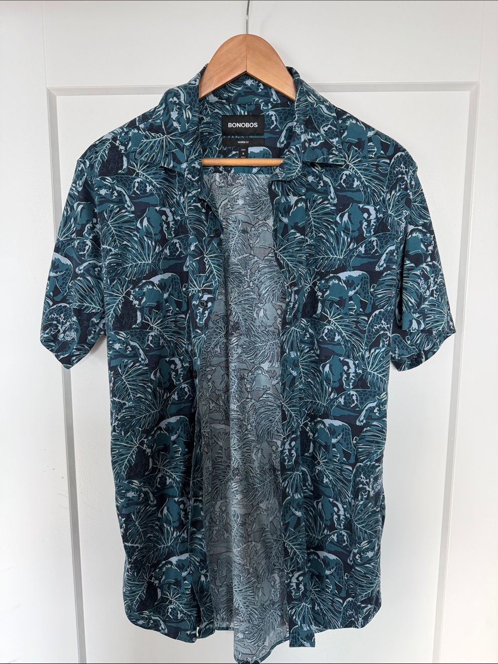 Bonobos Teal and Dark Blue Tropical Print Short-Sleeve Button-Up